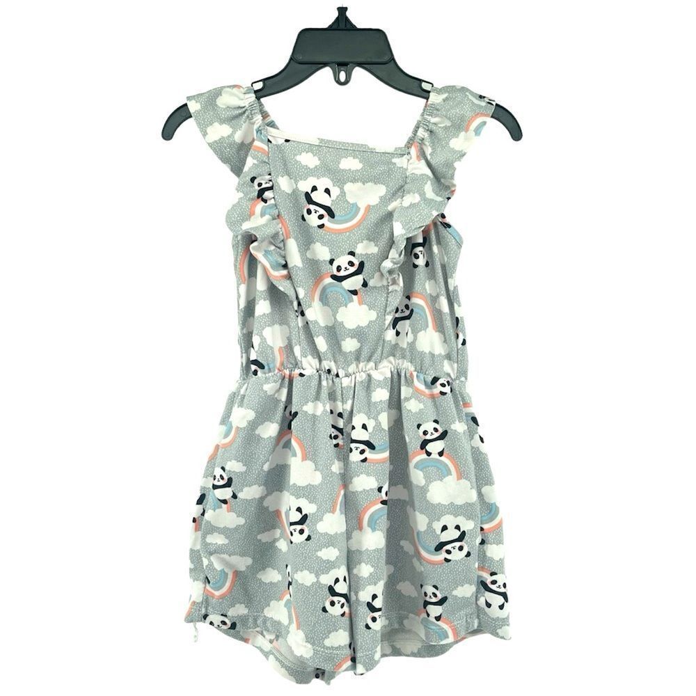 Shosho Girl’s Gray Panda Rainbow Clouds Ruffle Smocked Sleeveless Romper Size 5